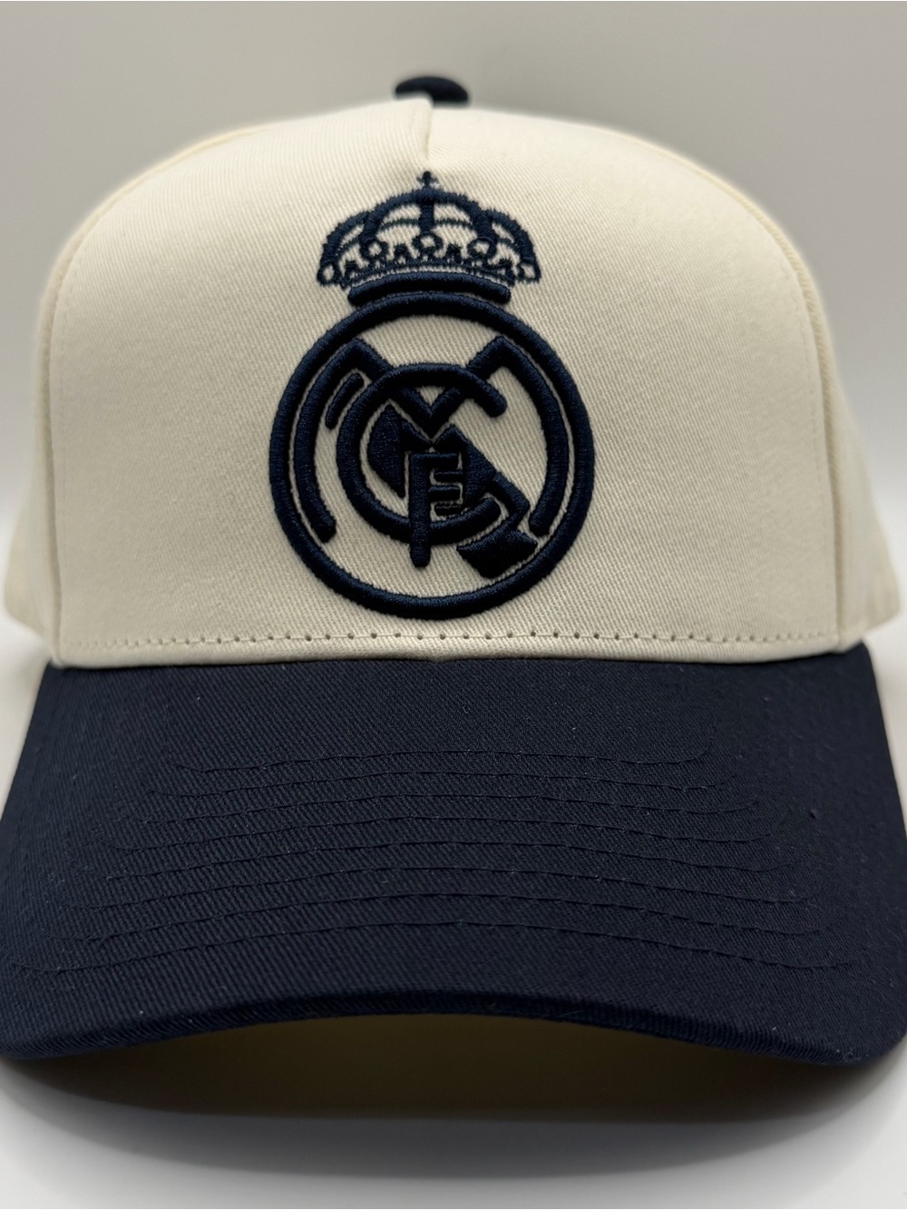 Real Madrid CF Hat Cream With Navy Logo Adjustable Cap La Liga Soccer